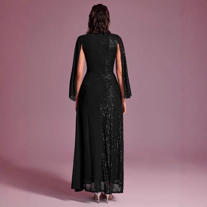 Vestido de noche de fiesta para mujer, con lentejuelas, escote en V, abertura y manga larga