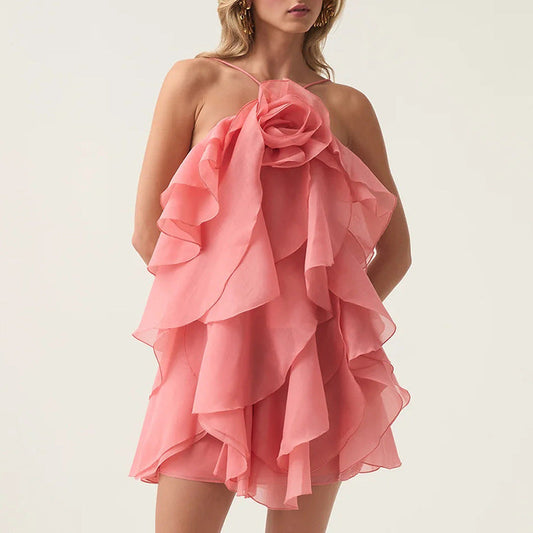 Elegante vestido corto sexy de alta calidad para principios de primavera, con cuello halter, diseño floral tridimensional, con cordones y sin mangas.