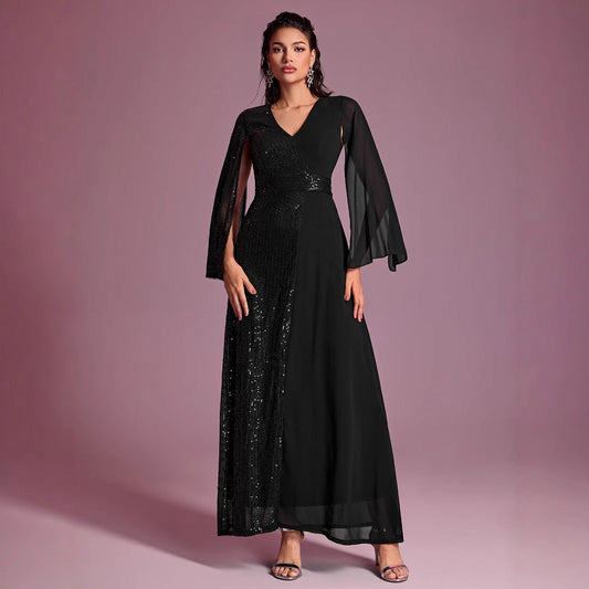 Vestido de noche de fiesta para mujer, con lentejuelas, escote en V, abertura y manga larga