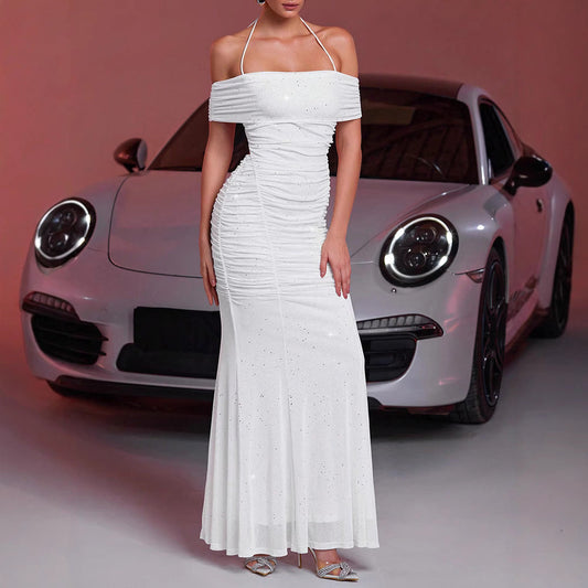 Vestido elegante de verano para mujer, de malla, con hombros descubiertos y sin mangas, con detalles plateados