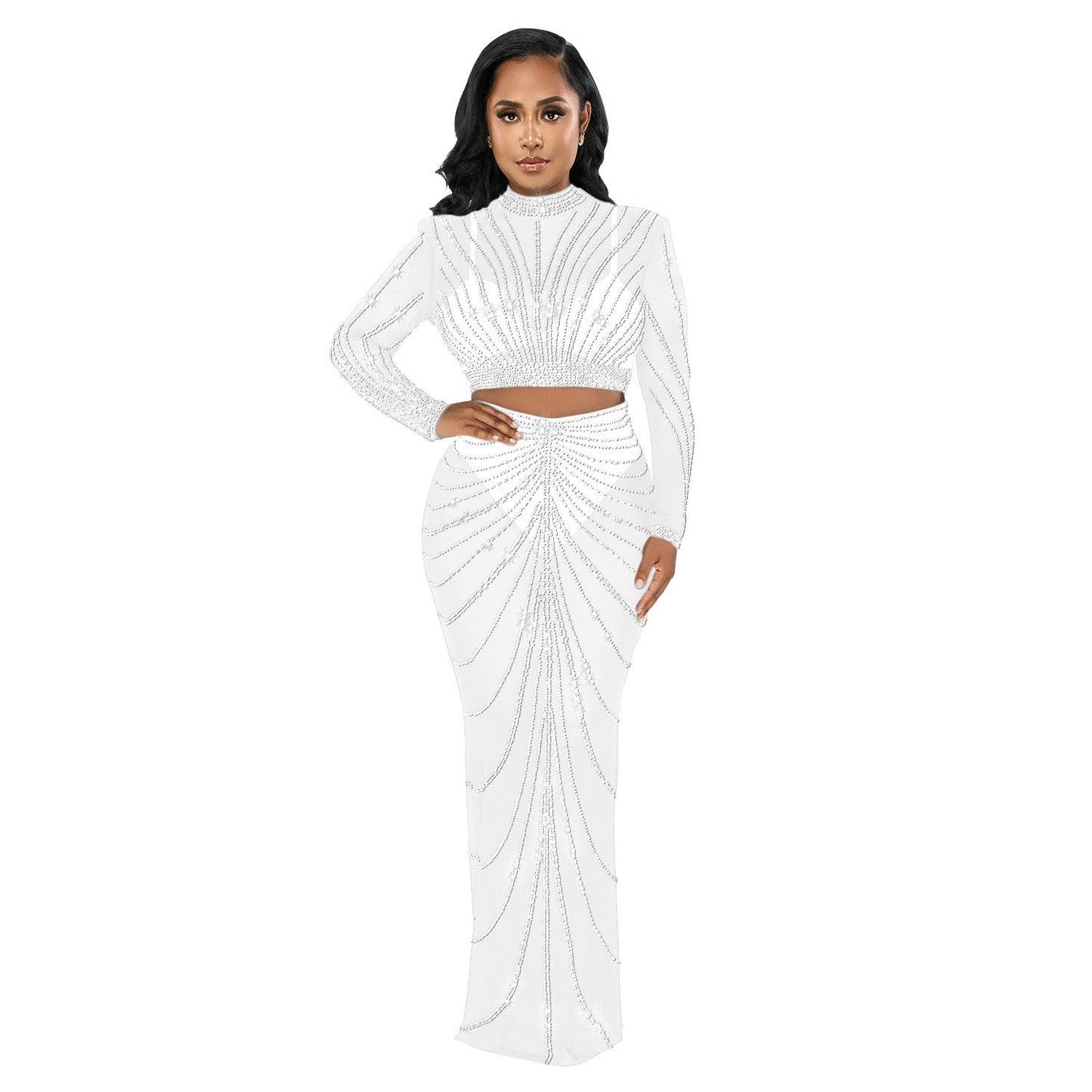 Conjunto de dos piezas de vestido de manga larga transparente con perforaciones de malla para mujer