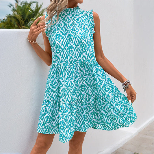 Women Summer round Neck Printed Sleeveless Vest Short Dress