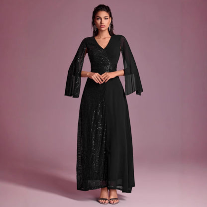 Vestido de noche de fiesta para mujer, con lentejuelas, escote en V, abertura y manga larga