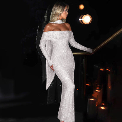 Vestido de primavera para mujer, sexy, ajustado, con hombros descubiertos, sin espalda, cuello tipo bufanda, manga larga