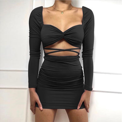 Vestido de otoño-invierno de manga larga con aberturas y escote bajo sexy sin espalda corto