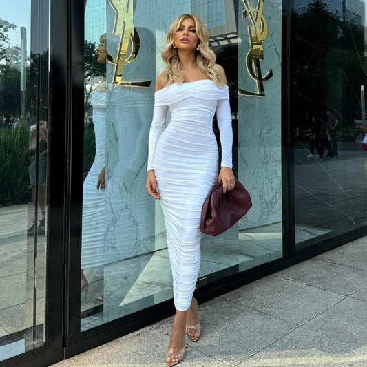 Vestido largo elegante plisado de manga larga con hombros descubiertos y sexy de color liso para mujer
