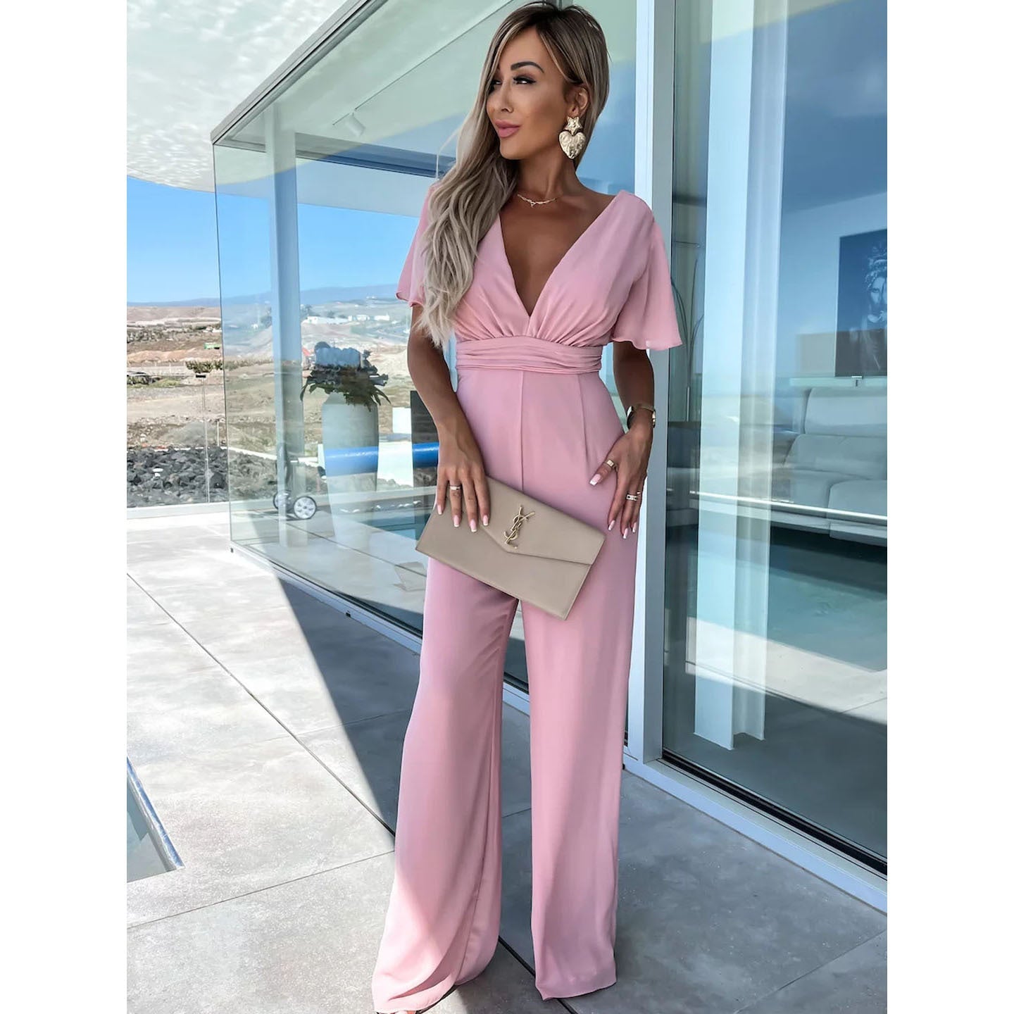Vestido informal de manga corta con cuello en V para mujer, pantalones holgados de pierna ancha para vacaciones, de una pieza, para primavera y verano