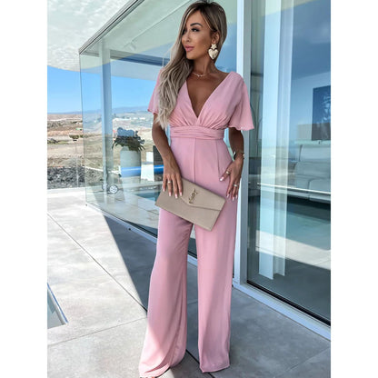 Vestido informal de manga corta con cuello en V para mujer, pantalones holgados de pierna ancha para vacaciones, de una pieza, para primavera y verano