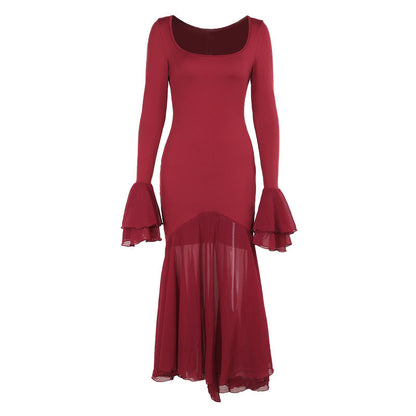 Vestido elegante de otoño de estilo socialité, sexy, ajustado, con dobladillo con volantes y manga larga para mujer