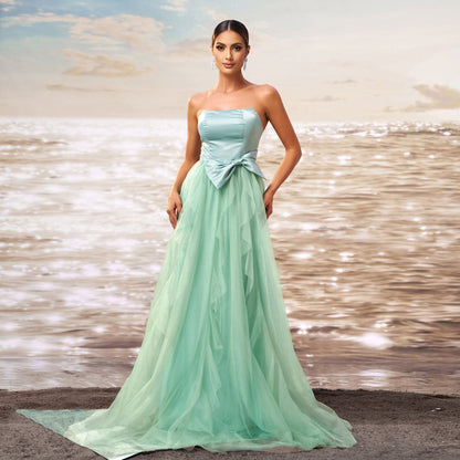 Vestido de noche de gasa con dobladillo ancho y cintura estrecha sin mangas para mujer