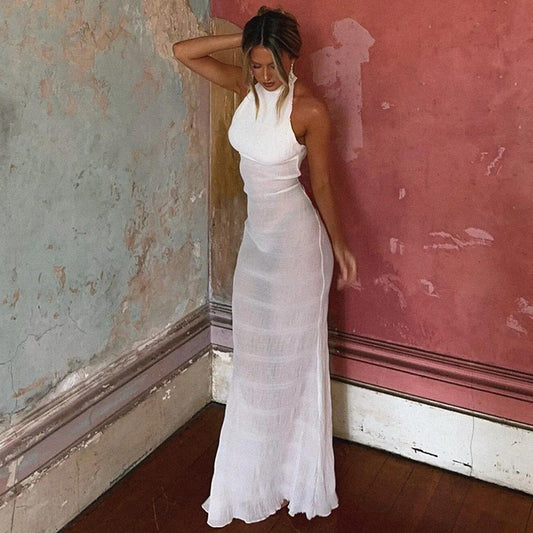 Vestido de primavera para mujer, sexy, sin espalda, plisado, con volantes y sin mangas