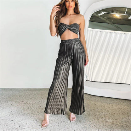 Traje sexy plisado de primavera y verano para mujer, chaleco ajustable sin mangas, pantalones casuales, conjunto de dos piezas para mujer