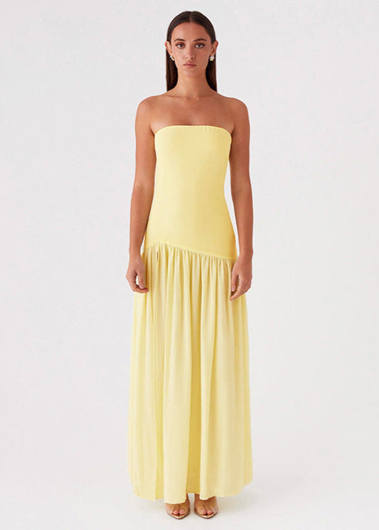 Solar Mirage – Strapless Yellow Maxi Dress with Side Slit