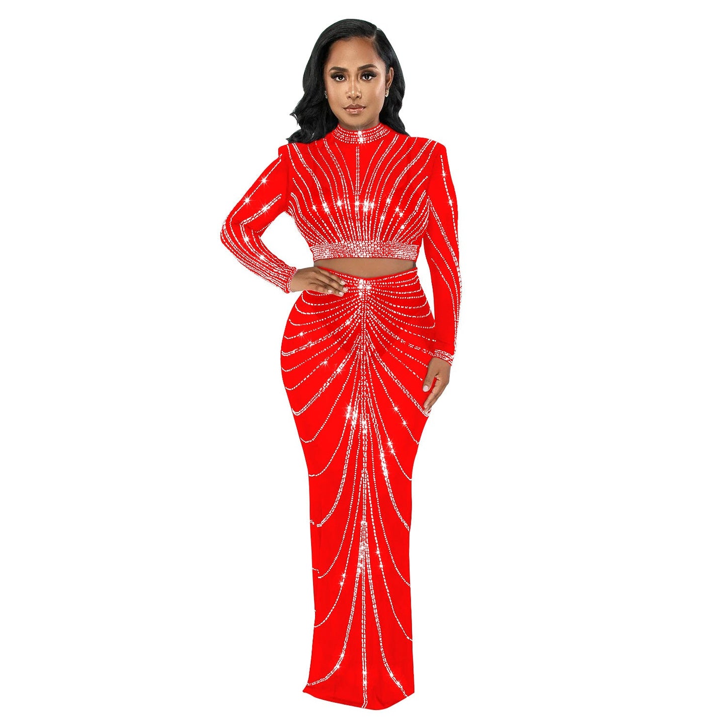 Conjunto de dos piezas de vestido de manga larga transparente con perforaciones de malla para mujer
