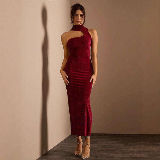 Vestido de mujer con textura de terciopelo, cuello alto, pecho ahuecado, asimétrico, sin mangas