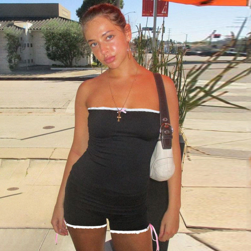 Mono corto de tubo sexy con costuras de encaje y lazo de verano sencillo para niña