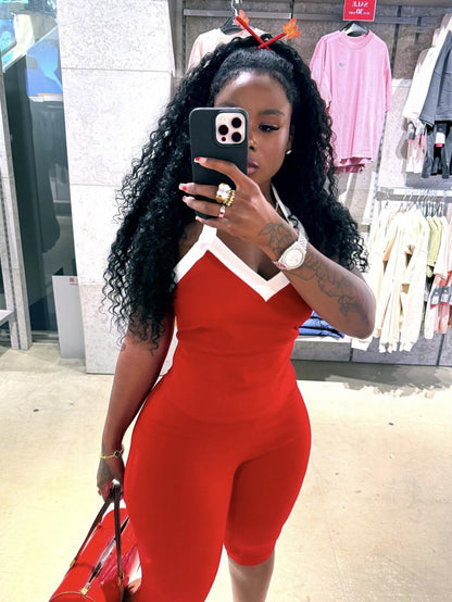 Summer Stretch Contrast Color Halterneck Vest Top Tight Mid Length Blouse Pants Women