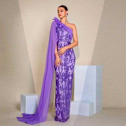 Vestido de noche elegante de alta clase para mujer, con cuello en diagonal, manga larga y cinta para cóctel, con lentejuelas
