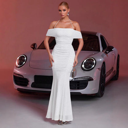 Vestido elegante de verano para mujer, de malla, con hombros descubiertos y sin mangas, con detalles plateados