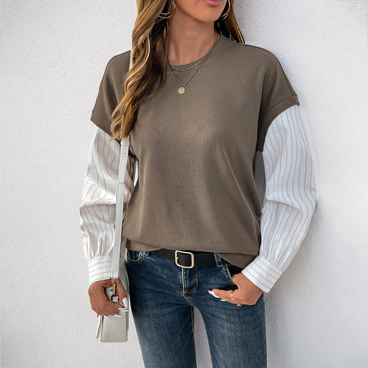 Sudadera informal de otoño de manga larga de imitación de dos piezas de punto a juego con cuello redondo