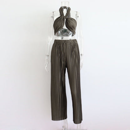 Traje sexy plisado de primavera y verano para mujer, chaleco ajustable sin mangas, pantalones casuales, conjunto de dos piezas para mujer
