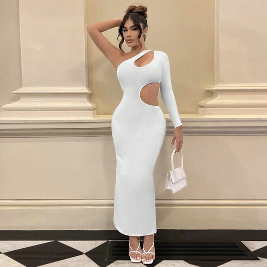 Vestido maxi sexy con escote en diagonal y un hombro, manga larga, para otoño, para mujer