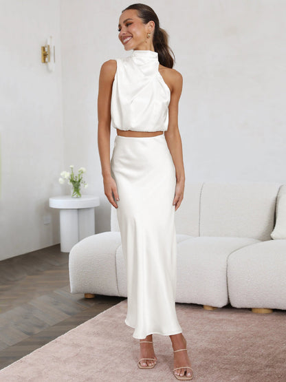 Ropa de verano para mujer, conjunto informal con falda drapeada y bufanda sexy, vestido de noche para mujer