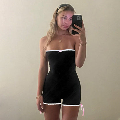 Mono corto de tubo sexy con costuras de encaje y lazo de verano sencillo para niña