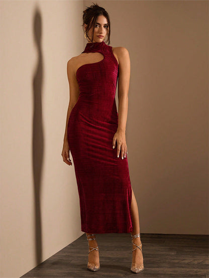 Vestido de mujer con textura de terciopelo, cuello alto, pecho ahuecado, asimétrico, sin mangas