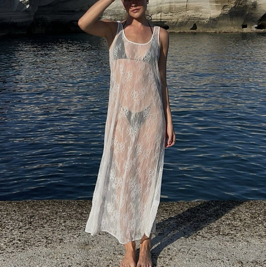 Vestido de blusa de encaje con aberturas y transparencias para mujer, ropa de primavera y verano