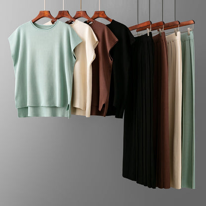 Casual Women Summer Solid Color Sleeveless Vest Sweater Wide Leg Pants Ice Silk Sets