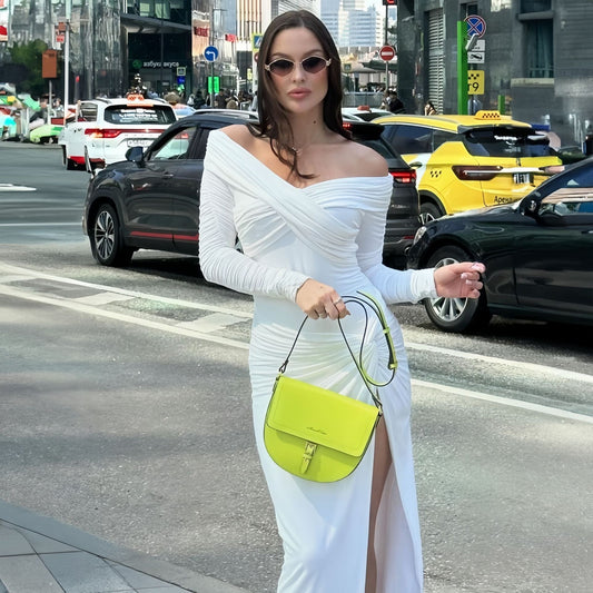 Vestido de otoño para mujer, color liso, con hombros descubiertos, tubo, plisado y abertura, manga larga