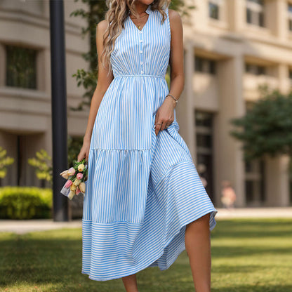 Vestido largo de verano para mujer, sin mangas, con rayas verticales