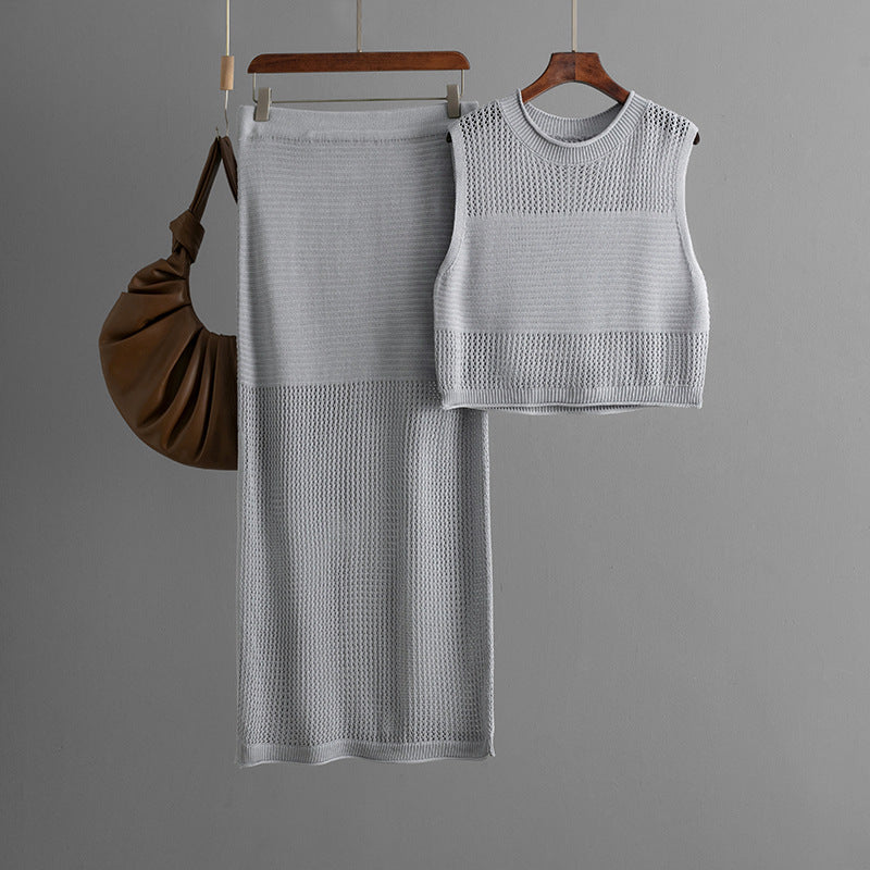 Slim Hollow Out Cutout Sleeveless Vest Summer Knitted Slit Skirt Two Piece Set