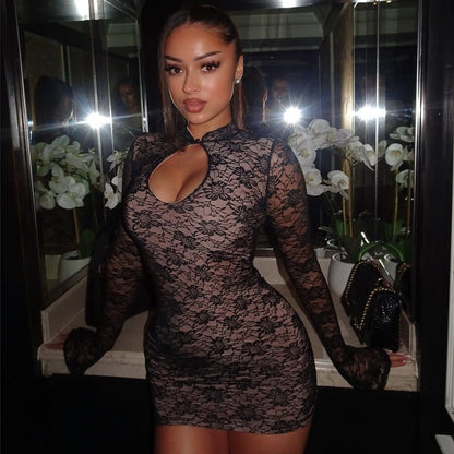 Vestido de primavera para mujer, sexy, de encaje, con aberturas y mangas largas.
