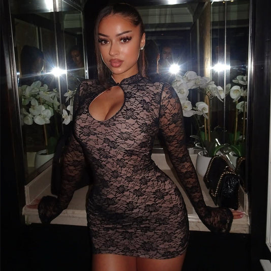 Vestido de primavera para mujer, sexy, de encaje, con aberturas y mangas largas.