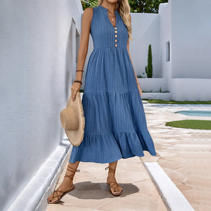 Vestido de verano de longitud media, plisado, color liso, cuello alto, sin mangas