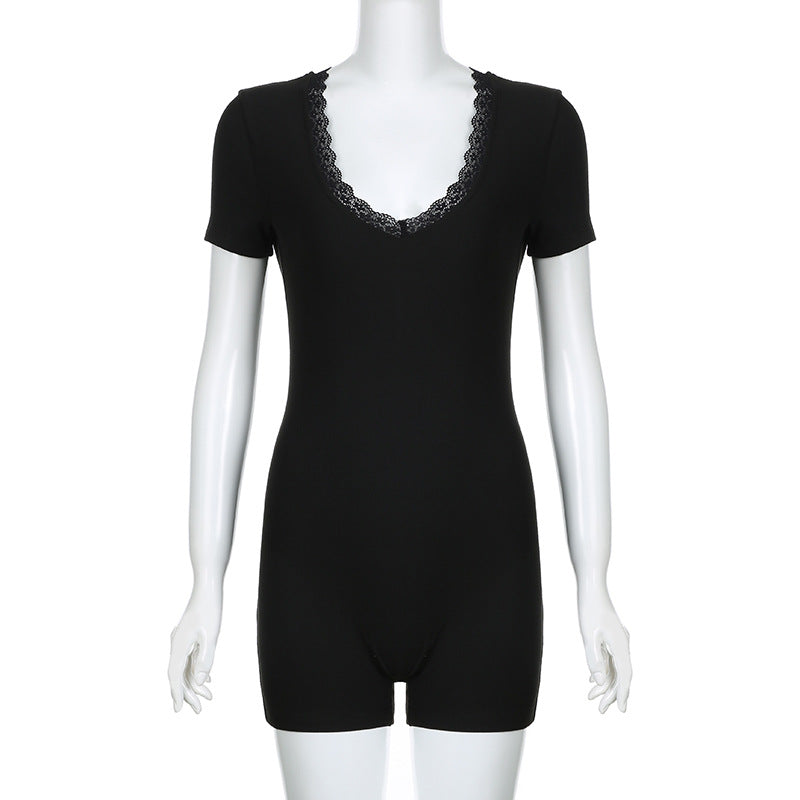 Mono informal sexy de encaje con cuello en V y retazos para mujer, con personalidad urbana, ajustado, de manga corta, para primavera y verano