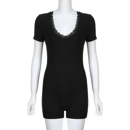 Mono informal sexy de encaje con cuello en V y retazos para mujer, con personalidad urbana, ajustado, de manga corta, para primavera y verano
