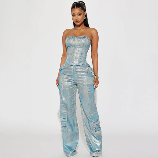 Ropa de mujer, pantalones vaqueros plateados brillantes con tejido recubierto metalizado, ropa de trabajo con bolsillo, pantalones casuales, pantalones de pierna recta, conjuntos