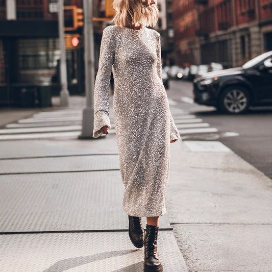 Vestido sencillo de lentejuelas con mangas largas para mujer