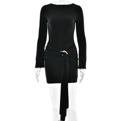 Vestido ajustado de manga larga con cuello redondo y falda a la cadera para mujer, elegante y sexy