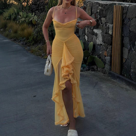 Vestido camisola de malla de alta calidad para mujer de principios de otoño, plisado, irregular, asimétrico, sin mangas