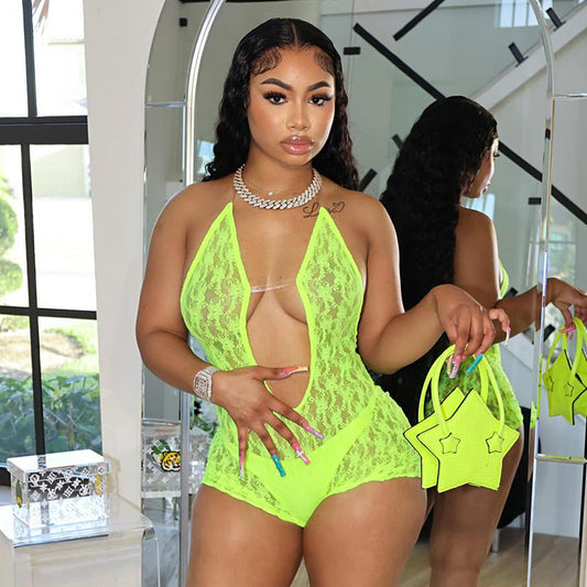 Ropa de mujer Verano Sexy Encaje Ahuecado Recorte Transparente Halter Espalda Descubierta Mono