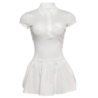 Vestido de primavera para mujer, con cuello, botones, ajustado, plisado, de manga corta y colores contrastantes.