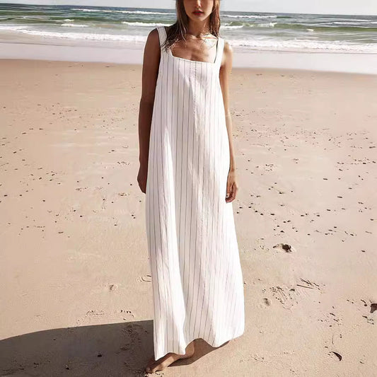 Vestido minimalista básico sin mangas con cuello cuadrado a rayas para primavera y verano para mujer