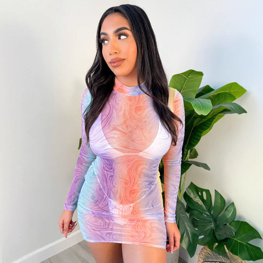 Vestido de manga larga de malla transparente con estampado floral de otoño, vestido ajustado y sexy de manga larga