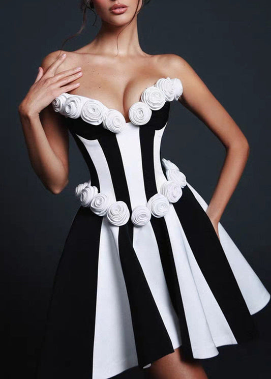 Monet Strapless Rosette Mini Dress – Black & White Sculpted Fit-and-Flare