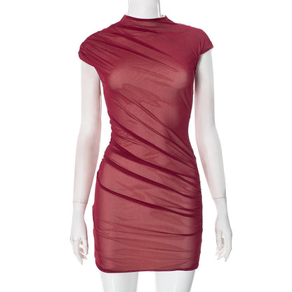 Spring Half Turtleneck Design Mesh Sleeveless Dress Women Clothing