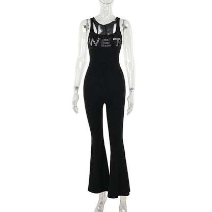 Summer Street Casual Slim Fit Letters Rhinestone Vest Type Jumpsuit Women